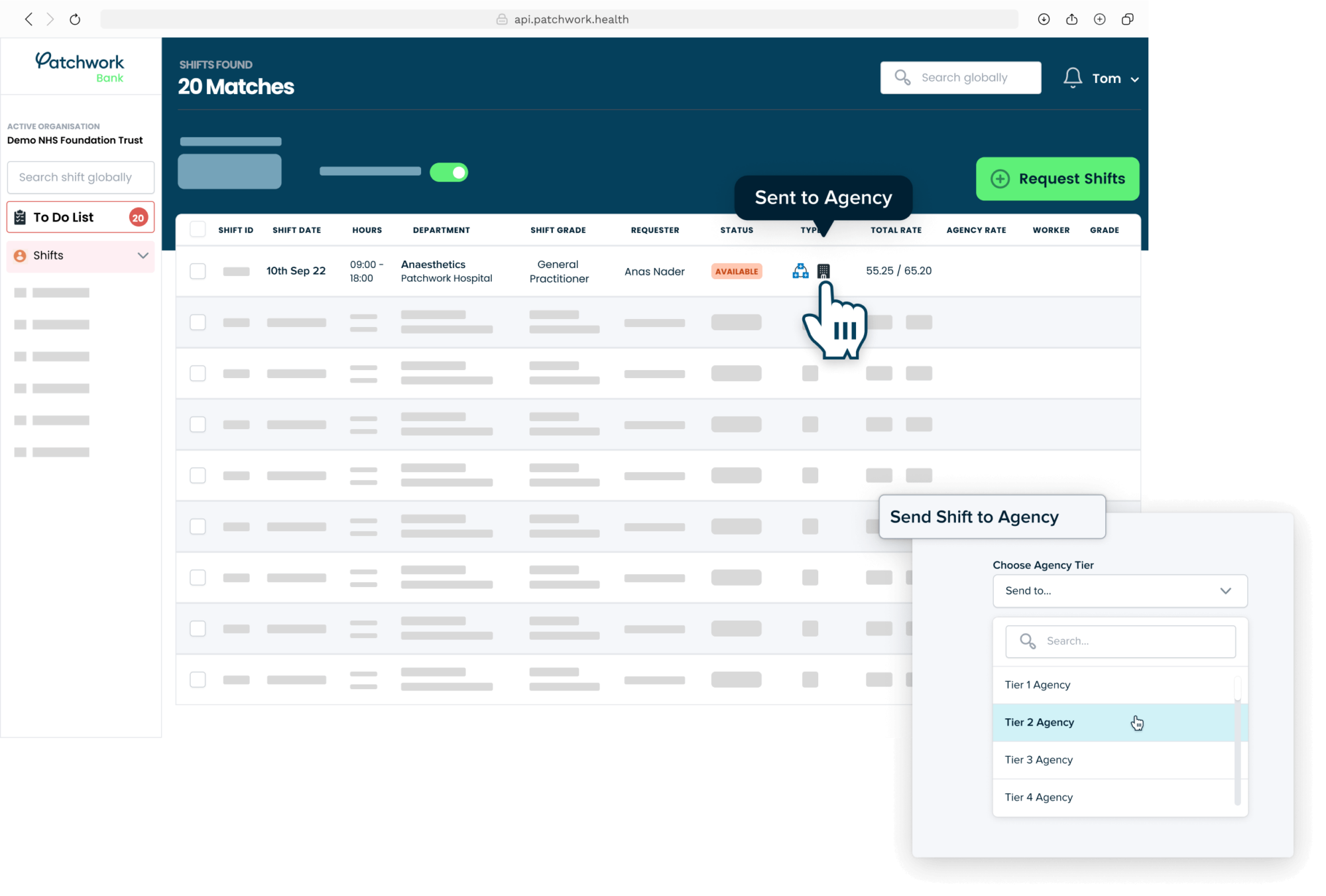 A shift is sent from the staff bank to be filled by an agency