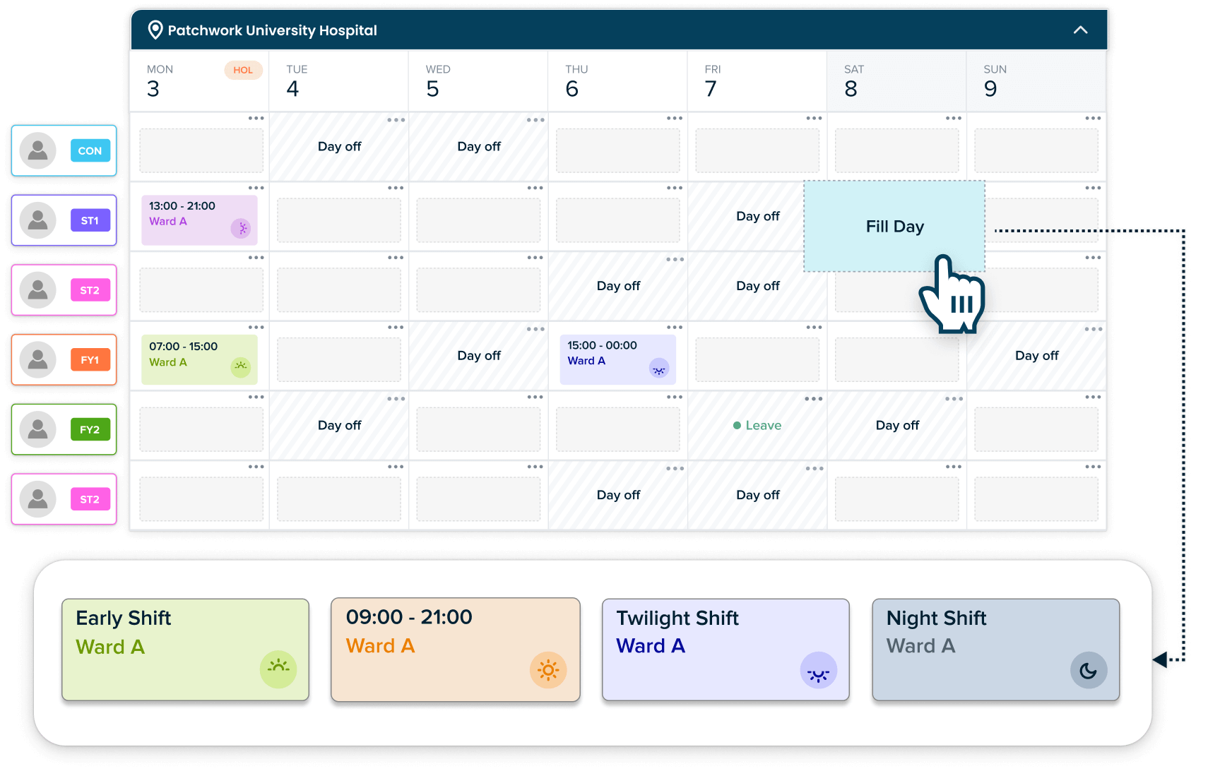 Drag and drop shifts to build rosters for all staff groups efficiently