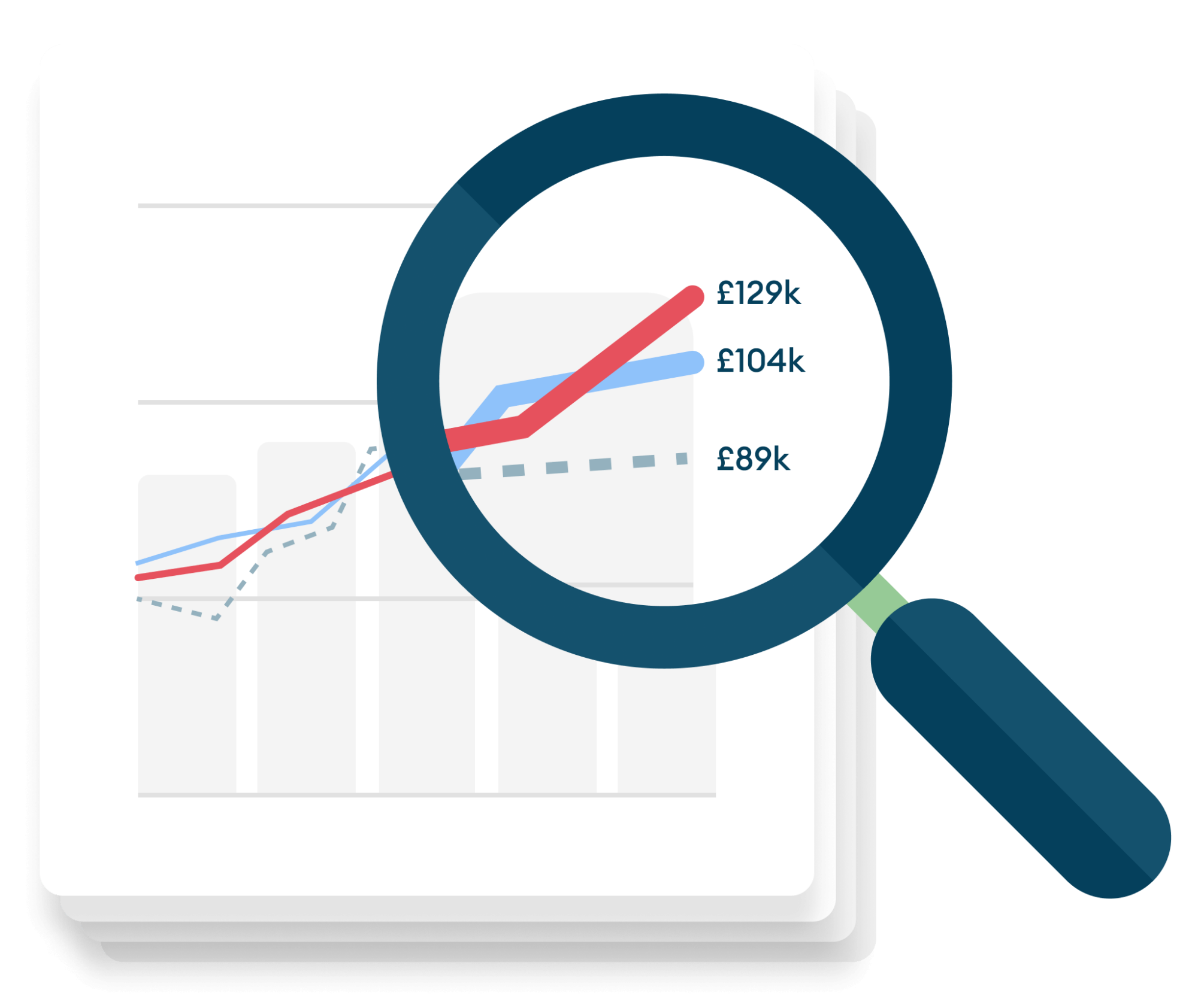Illustration of a magnifying glass over NHS staffing spend data