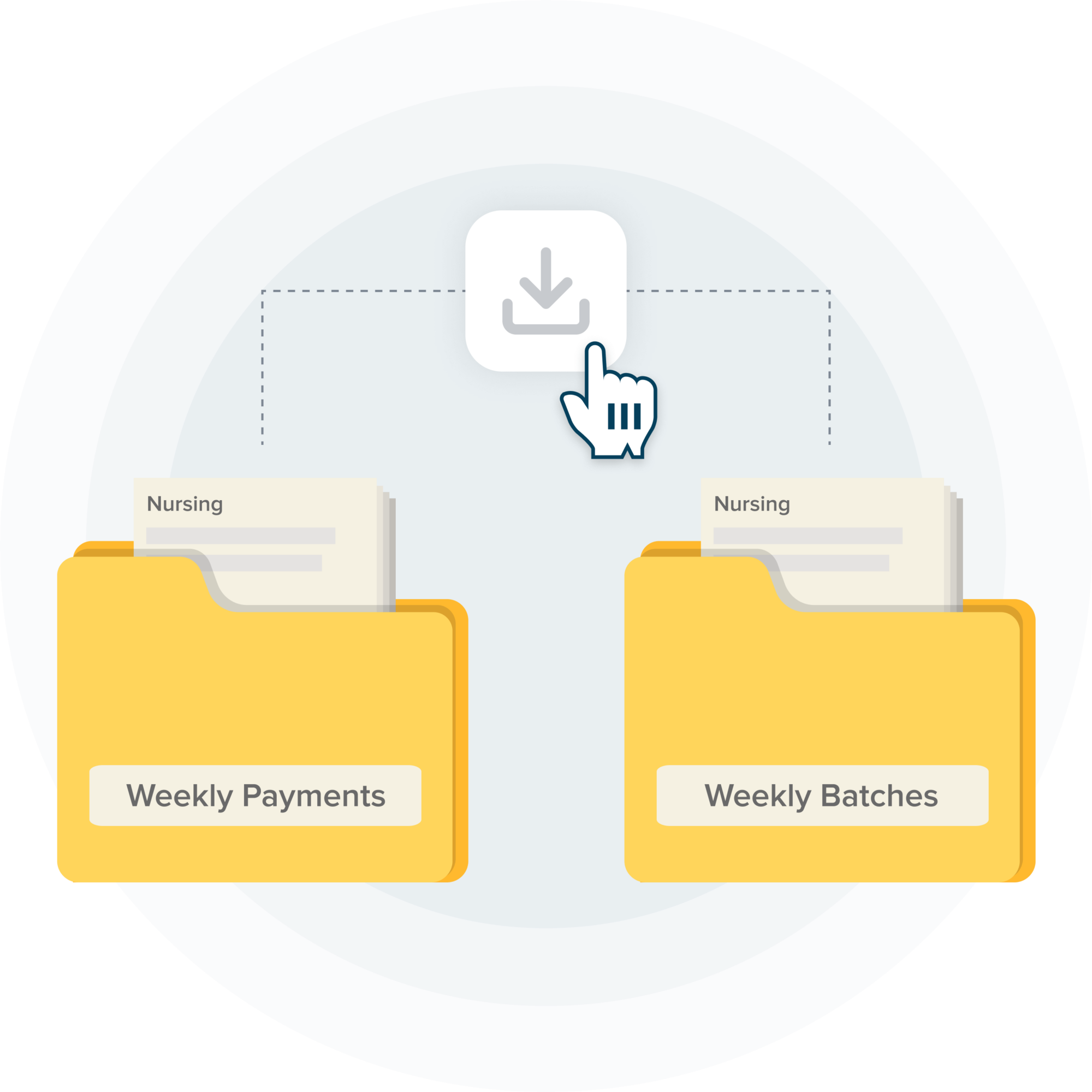 2 folders labelled Weekly Payments and Weekly Batches are below a download icon, showing how the different data can be made compatible with Patchwork