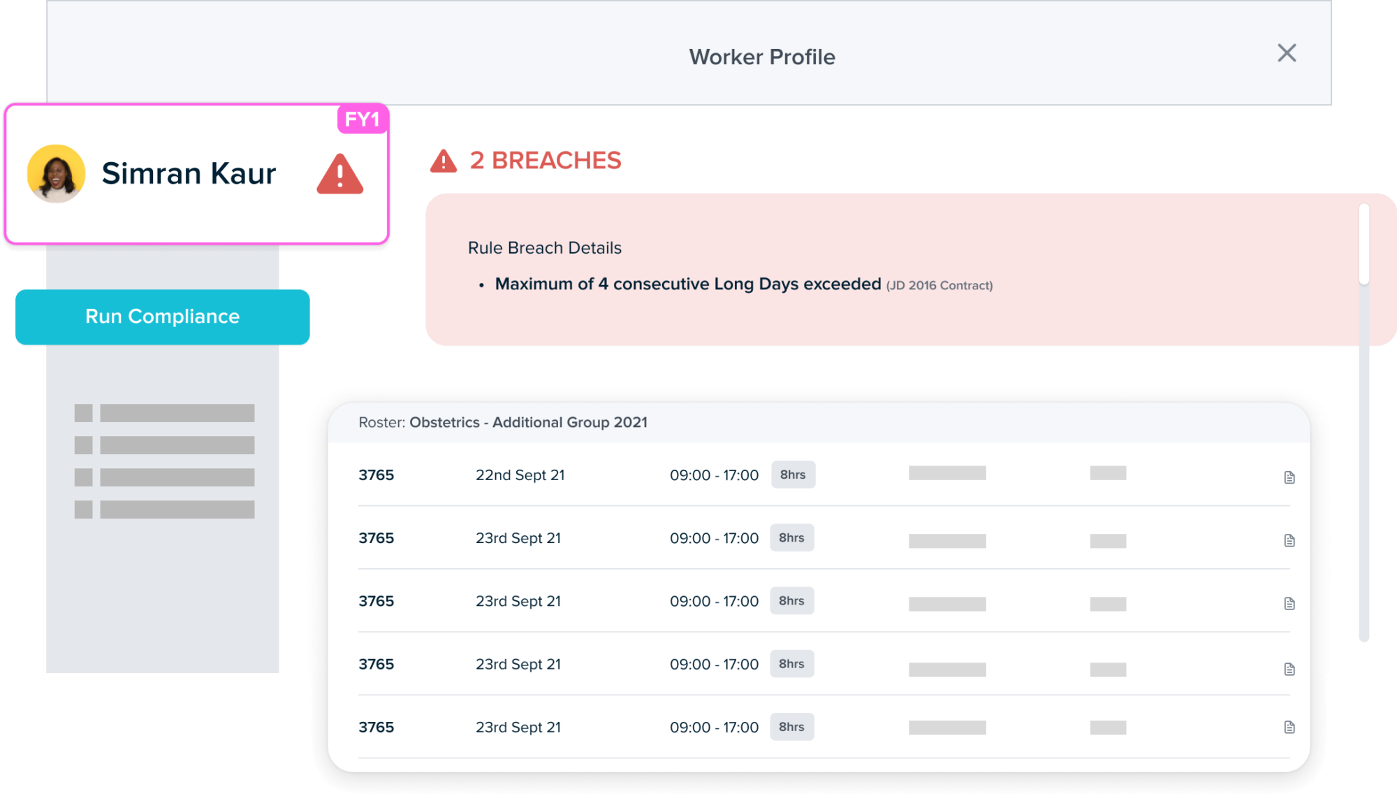 Profile view visualisation on Patchwork’s smart rostering solution shows FY1 clinician in breach of compliant working practices