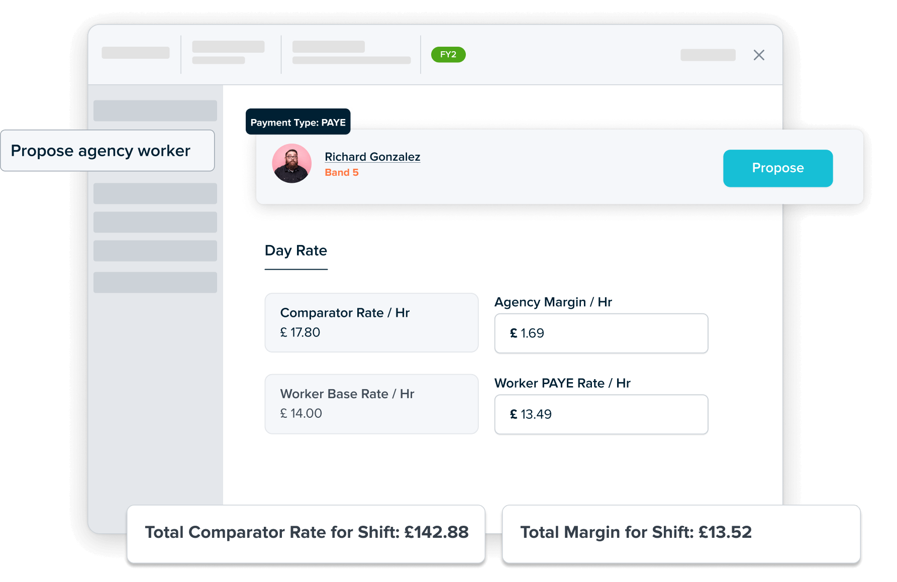 A user selects an agency worker using Patchwork Agency Manager, with visibility over their rate