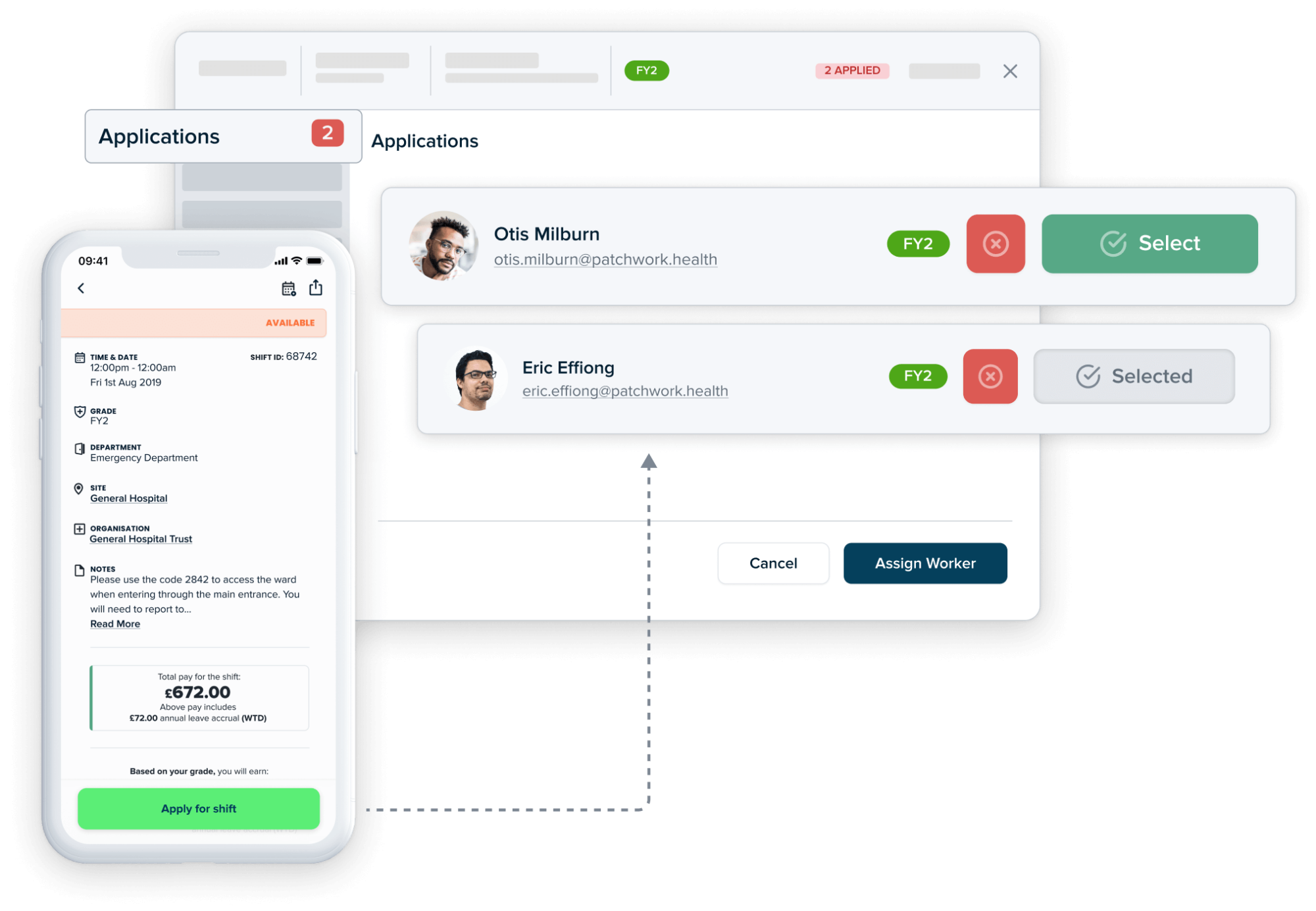 2 workers apply for a shift on the Patchwork app, 1 of which is then approved by the administrator on the desktop view