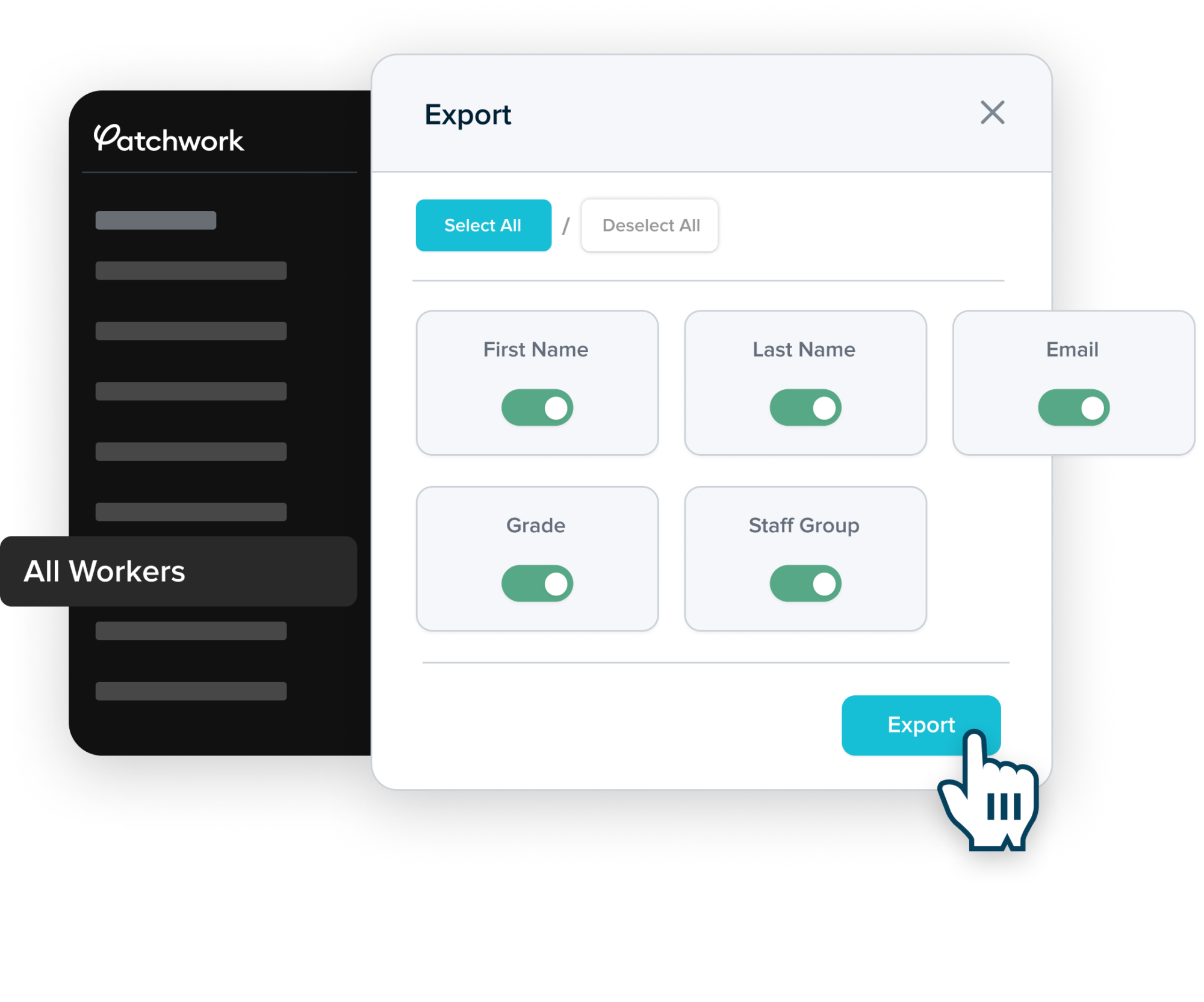 Mock-up of how a user can toggle on/off different user data when making a report